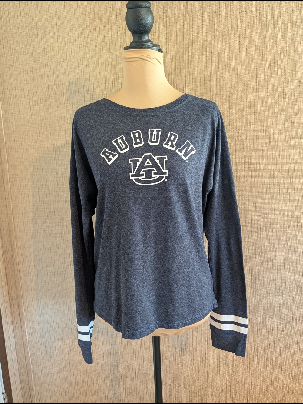 Auburn Navy Long-Sleeve Women's Tee with White Stripe Cuffs
